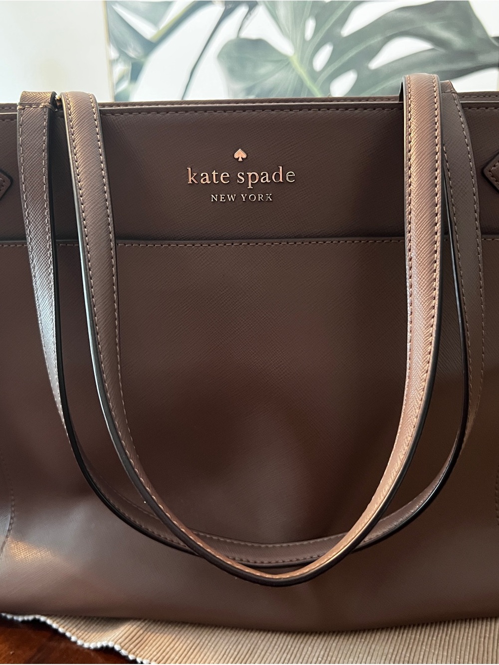 kate spade taupe/purple Leather Laptop Tote with Zipper pocket and Dual Straps